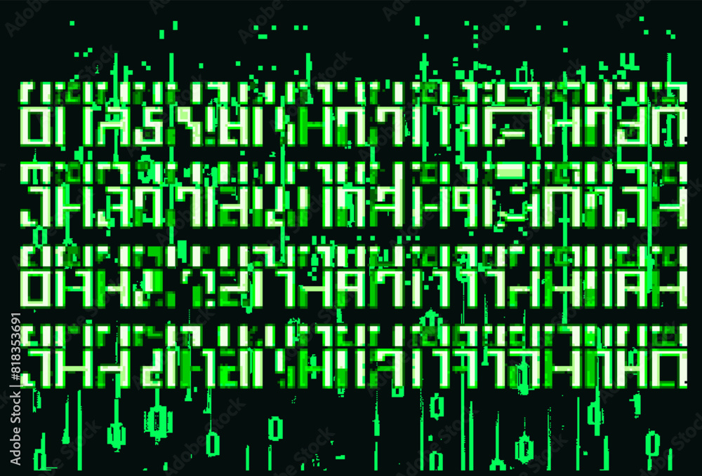 Poster Distorted collapsing green pixel mosaic on a dark background. Vector illustration in 8-bit glitch art style.