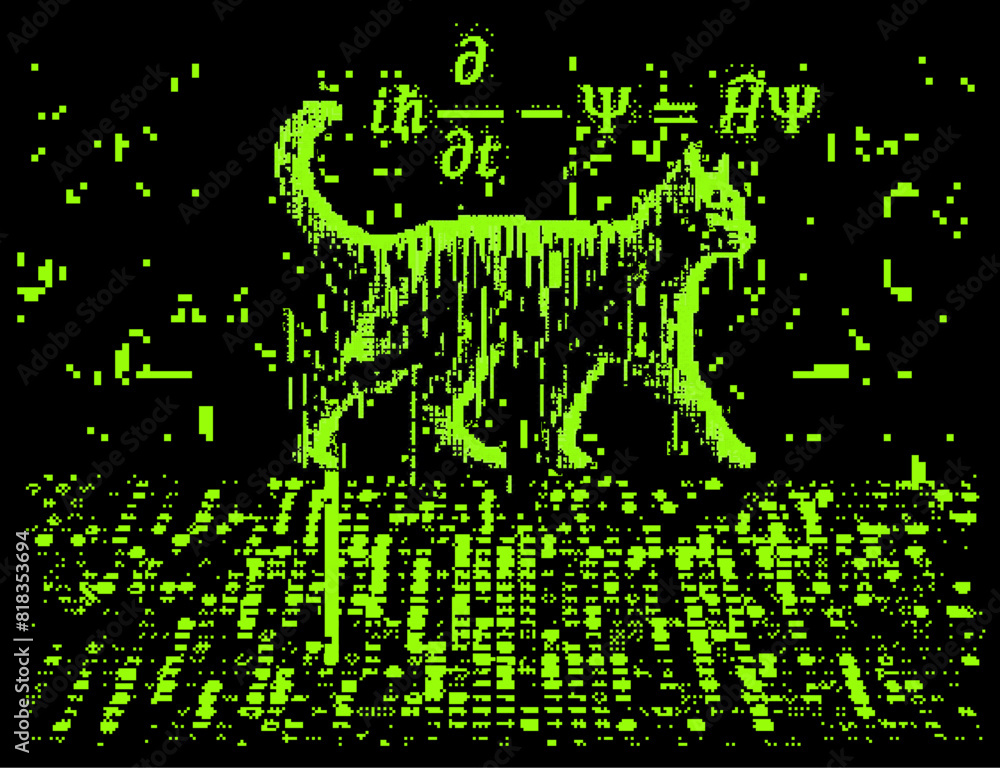 Poster schrodinger cat and equation in pixel art retrofuturistic style. conceptual vector illustration of l