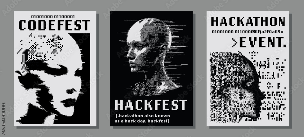 Poster set of futuristic posters with 8-bit pixel art illustrations of glitched human heads. covers for hac