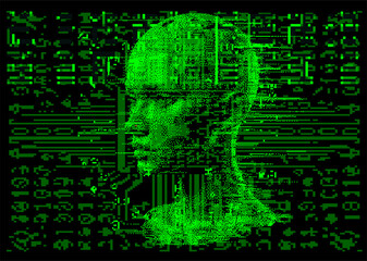 Green 3D human face on a dark background. Conceptual vector illustration on the topic of virtual reality and technology.