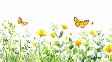 Summer meadow with yellow flowers, green leaves and plants. Flying butterflies. Watercolor illustration.