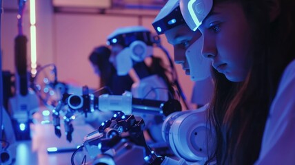 focused student in a tech lab works with robotic arms, showcasing advanced STEM and engineering skills.