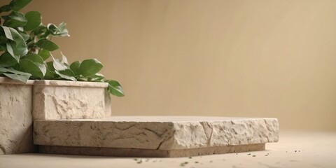 Stone podium product for cosmetic presentation, green leaves stone podium on beige background. Product, cosmetic stand organic platform mockup.