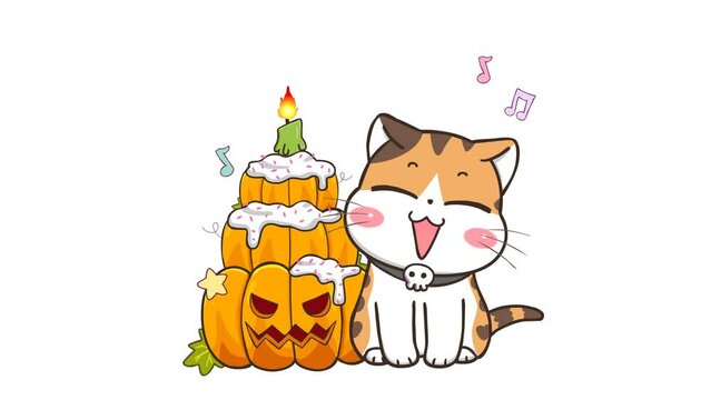 Witch Cat with Birthday Cake - Halloween Animation 