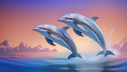 Fototapeta premium A pair of dolphins leaping out of the water against a gradient blue background