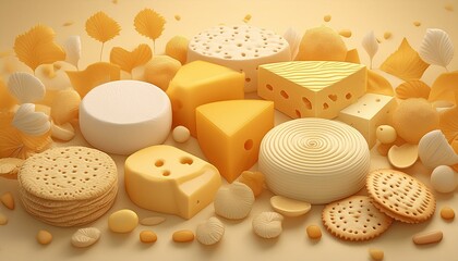 A sophisticated arrangement of different types of cheeses and crackers, 