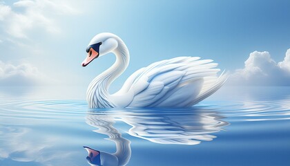 Fototapeta premium swan on the water. A swan gliding on a calm lake with a uniform pale blue background, reflecting elegance