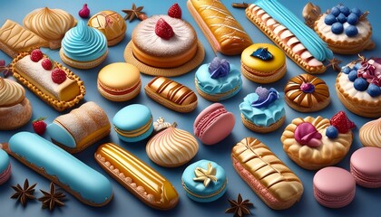  An assortment of beautifully decorated pastries, including macarons, éclairs, and tarts