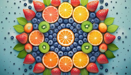 colorful background. An intricately arranged mandala made of colorful sliced fruits such as kiwi, strawberries, 