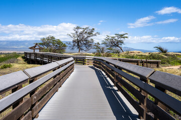 Fototapeta premium Manufactured wood Kealia Coastal Boardwalk, National Wildlife Refuge, handicap accessible exploration in nature, Maui, Hawaii 