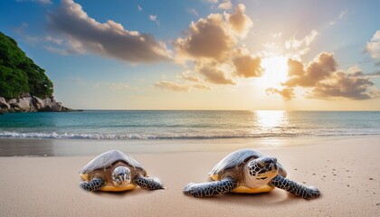 Obraz premium Two turtles on the sand on the beach