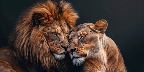 A couple of lions, one lion and one lioness, sitting closely together in a photorealism style.