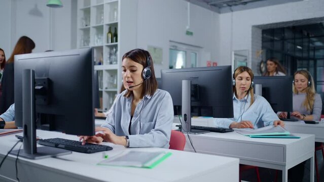 Young Adult Women Working In Call-Center, Office Of Modern Company, Employees Calling By Headset