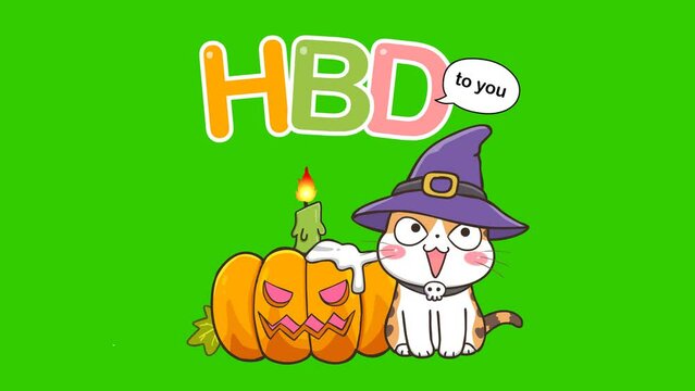 Witch Cat with Birthday Cake - Halloween Animation on Green Screen