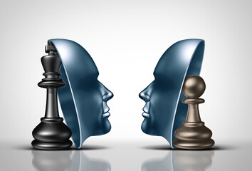 Business Representation as a chess pawn and king piece with the smaller player posturing and representing itself as an equal representing small and big business strategy.