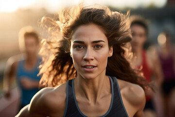 Naklejka premium Young Athelete Girl Running race on a track Marathon runner happy winner face celebration