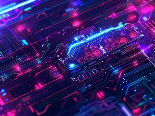 Obraz premium Neon futuristic technology background, Electronics computer board abstract background. Generative AI illustration