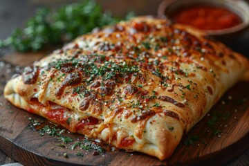 Calzone: A folded pizza with a golden crust, oozing with cheese and various fillings, with a side of marinara sauce.