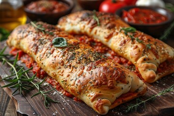 Calzone: A folded pizza with a golden crust, oozing with cheese and various fillings, with a side of marinara sauce.