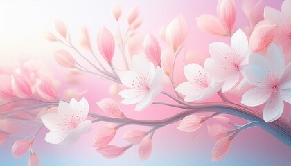 Sakura background with flower blossom and April floral nature on pink. Beautiful scene with blooming tree. Easter Sunny day. Orchard abstract blurred background. Springtime.