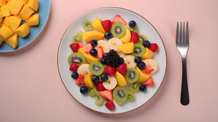 Top view of fruit salad on plate, background, Generative AI