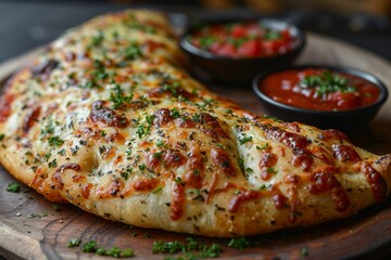 Calzone: A folded pizza with a golden crust, oozing with cheese and various fillings, with a side of marinara sauce.