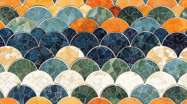 Geometric Terracotta Brick Mosaic - Featuring terracotta scales with navy blue, white, cream, and pale green accents - Seamless tile. Endless and repeat print.
