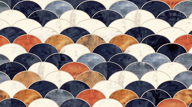 Geometric Terracotta Brick Mosaic - Featuring terracotta scales with navy blue, white, cream, and pale green accents - Seamless tile. Endless and repeat print.