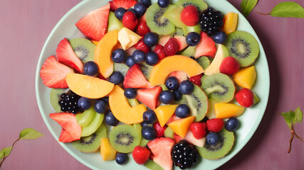 Top view of fruit salad on plate, background, Generative AI