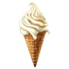 Delicious vanilla ice cream cone topped with white icing on a pristine white background.