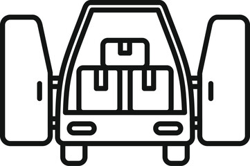 Black line icon of a vehicle ready for travel with suitcases on top, isolated on white