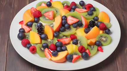 Top view of fruit salad on plate, background, Generative AI