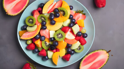 Top view of fruit salad on plate, background, Generative AI