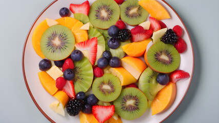 Top view of fruit salad on plate, background, Generative AI