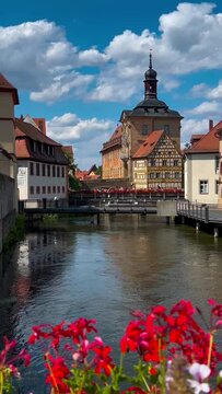 Medieval architecture of the historical center of Bamberg, Bavaria, Germany July 25, 2023. High quality 4k footage