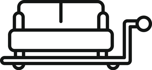 Simplified black line icon depicting a sofa with wheels, suitable for moving and furniture themes