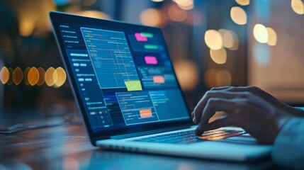 Business developer using Kanban board framework on laptop computer. Agile software development lean project management tool, project management, business development concept 