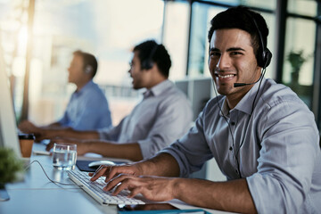 Customer service, sales and portrait of happy man with headset, coworking space and consulting at...