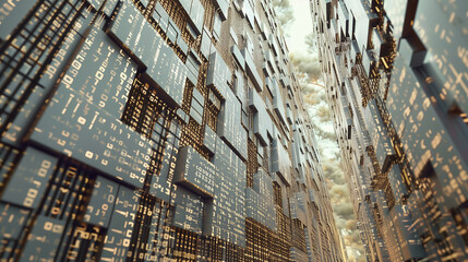 an abstract digital background, a towering wall of blocks, the narrow perspective, a canyon-like structure, covered in digital code and circuitry, glowing softly with golden light