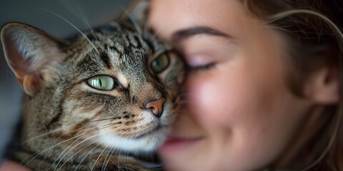 A close up of a person embracing a tabby cat with bright green eyes in a gentle hug.