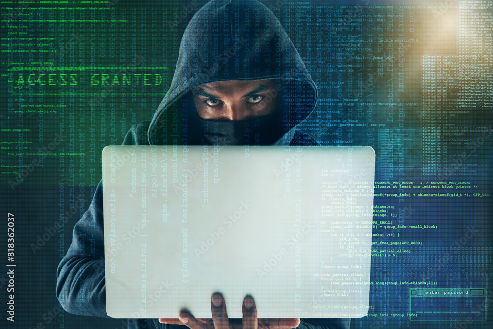Aufkleber Overlay, coding and portrait of hacker on laptop for programming, malware and information technology in dark. Cybersecurity, user interface and person on computer for online crime, fraud and virus