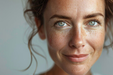 Obraz premium Close-up portrait of a woman with striking blue eyes and freckles, radiating natural beauty and serene confidence.