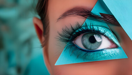 A vibrant and colorful artistic representation of an eye., space for text; color scheme accented, blue turquoise tone
