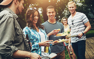 Friends, drinks and barbecue with food for party, picnic or reunion with alcohol in America. Group,...