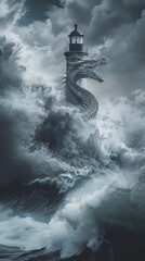 Dragon wrapped around lighthouse in storm