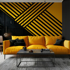 Beautiful and sophisticated living room in minimalist style in yellow and black colors matching your furniture
