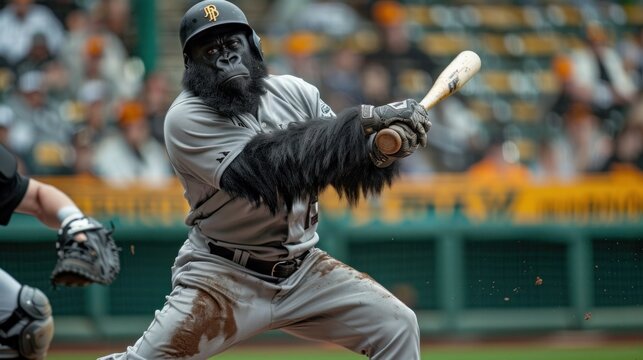 Baseball player in a gorilla costume hitting a home run