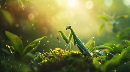 Green praying mantis, beautiful insect sitting on a plant