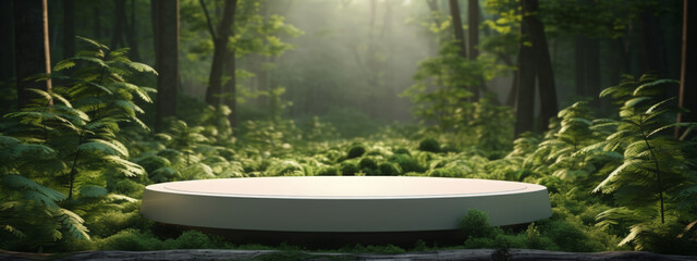 Podium background product green nature 3D forest stand white plant. Cosmetic background product podium display wood jungle studio garden beauty platform presentation mockup pedestal stone tropical