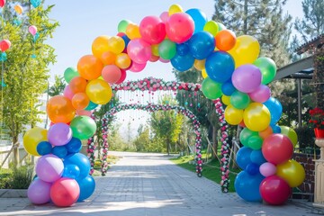 Vibrant balloon archway at an outdoor event, creating a festive and welcoming entrance.


